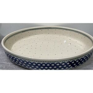 Bolesławiec‎ Polish Pottery Peacock & Polka Dot Large Oval Baker 14 Inches